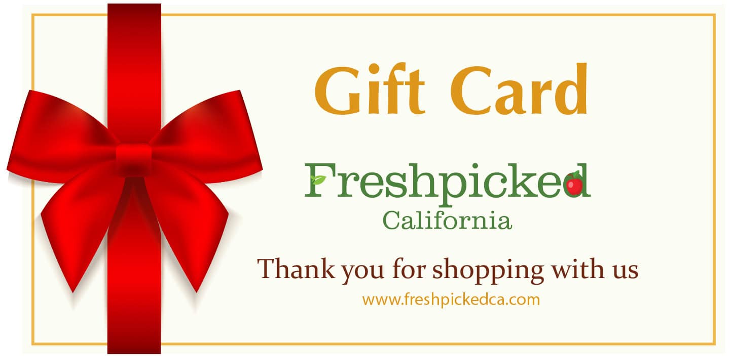 Gift card with a red bow and text that reads 'Gift Card Freshpicked California' and 'Thank you for shopping with us'.